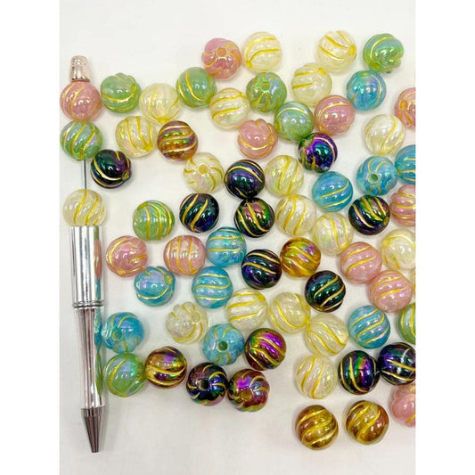 Colorful Acrylic Pumpkin Beads with Gold Stripe, Random Mix Color, YY