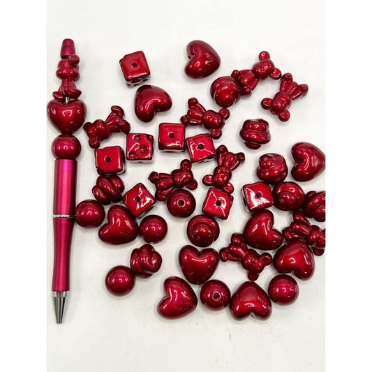 Valentine's Day Glossy Red Acrylic Beads, Star Heart Bear, Random Mix, AJ