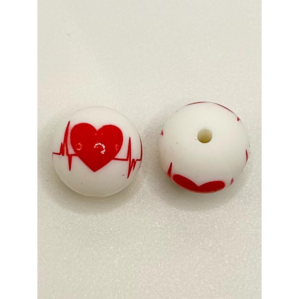 Beating Heart Pulse Printed Silicone Beads, 15mm