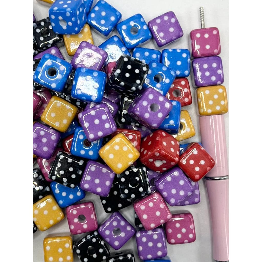 Colorful Square Cubes Acrylic Beads with White Spot Spots, 14mm, SB