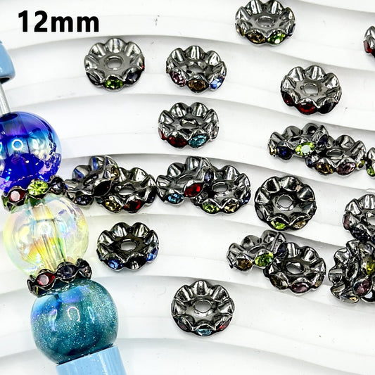 Gun Black Color Metal Wavy Spacers with Colorful Rhinestones, 12MM