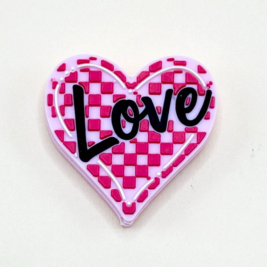 Pink Checkerd Heart Love Valentines Silicone Focal Beads