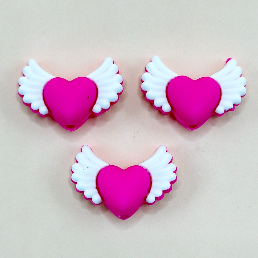 3D Rose Red Hearts with Wings Love Silicone Focal Beads