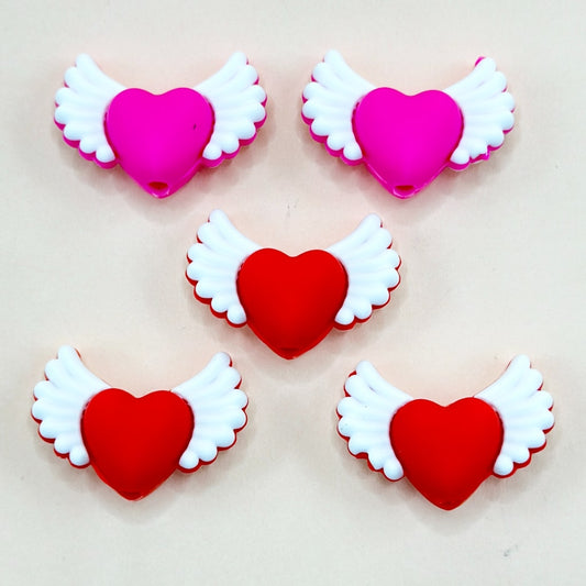 3D Rose Red Hearts with Wings Love Silicone Focal Beads