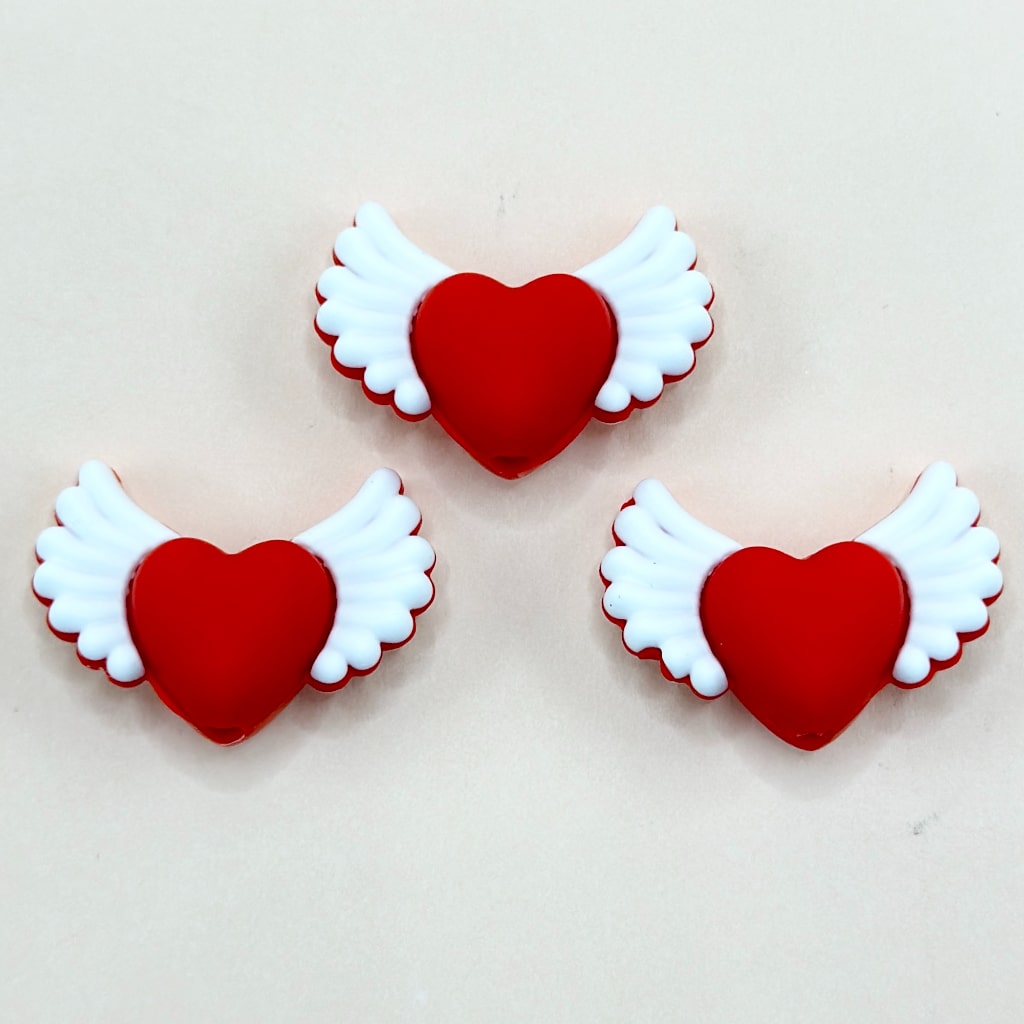 3D Rose Red Hearts with Wings Love Silicone Focal Beads