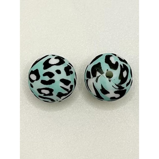 Teal Color Leopard Printed Silicone Beads, 15mm