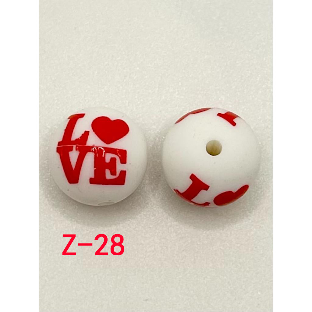 White Beads with Red Love Letter Printed Silicone Beads, 15mm