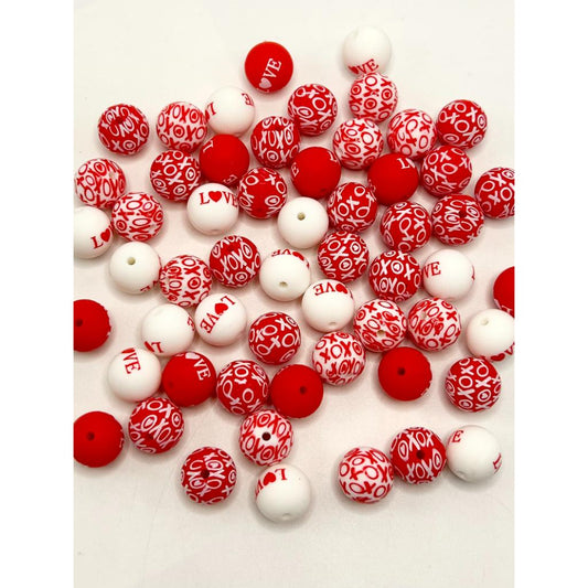 Love Beads with Heart Design for Valentine's Day, Printed Silicone Beads, 15mm, Random Mix