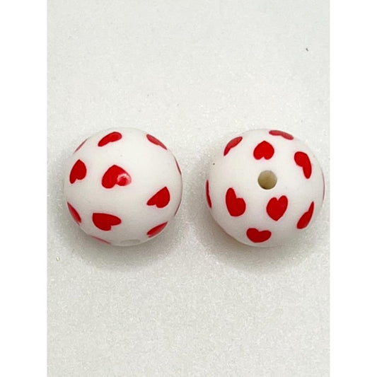 White Beads with Red Heart Printed Silicone Beads, 15mm