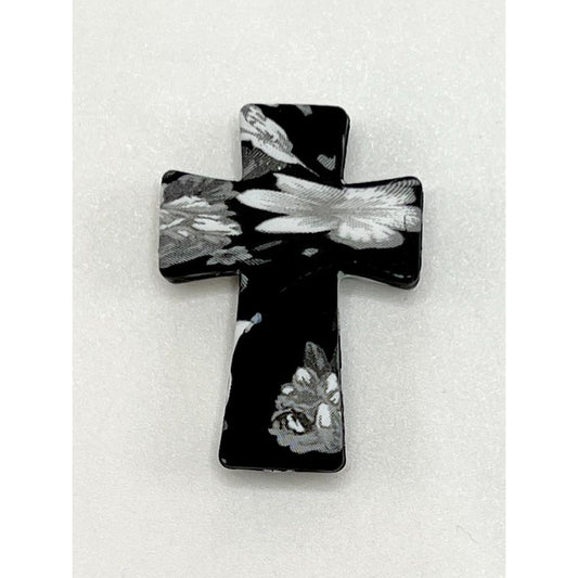 Black & White Flower Printed Cross Religious Silicone Focal Beads