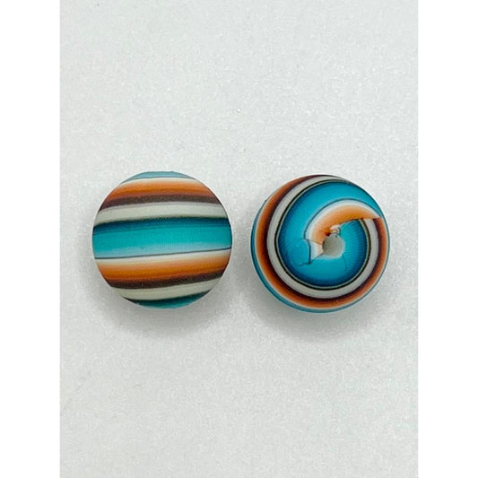 Teal Orange White Swirl Printed Silicone Beads, 15mm