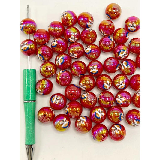 Red Color Acrylic Beads with Zodiac Dragon Pattern, 16mm, XY