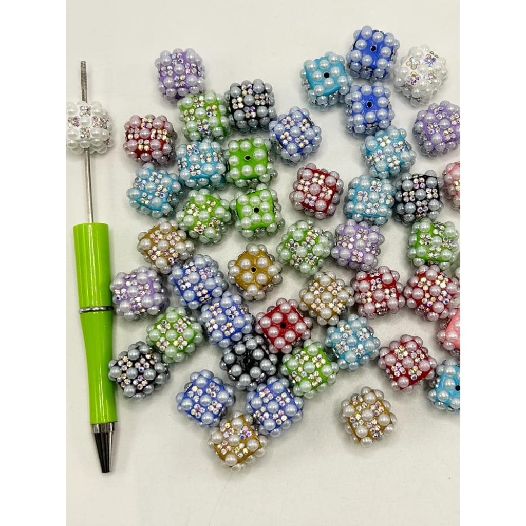 Square Cube Shaped Clay Beads with Flat Back Pearls and Rhinestones, 16mm, Random Mix Color, ZY