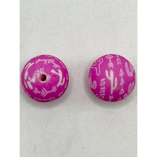 Pink Cactus Printed Silicone Beads, 15mm