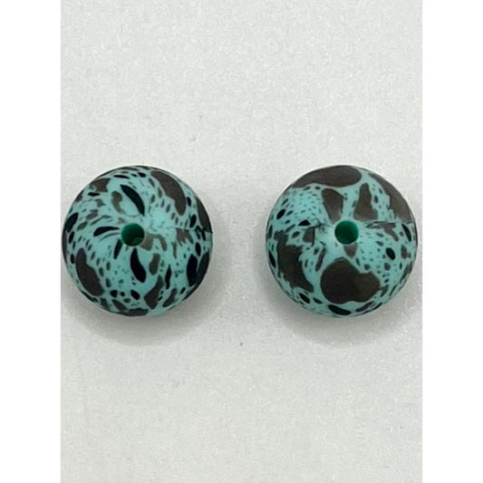 Teal Splatter Spots Printed Silicone Beads, 15mm