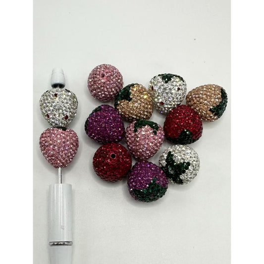 Strawberry Clay Beads with Rhinestones, 20mm by 22mm