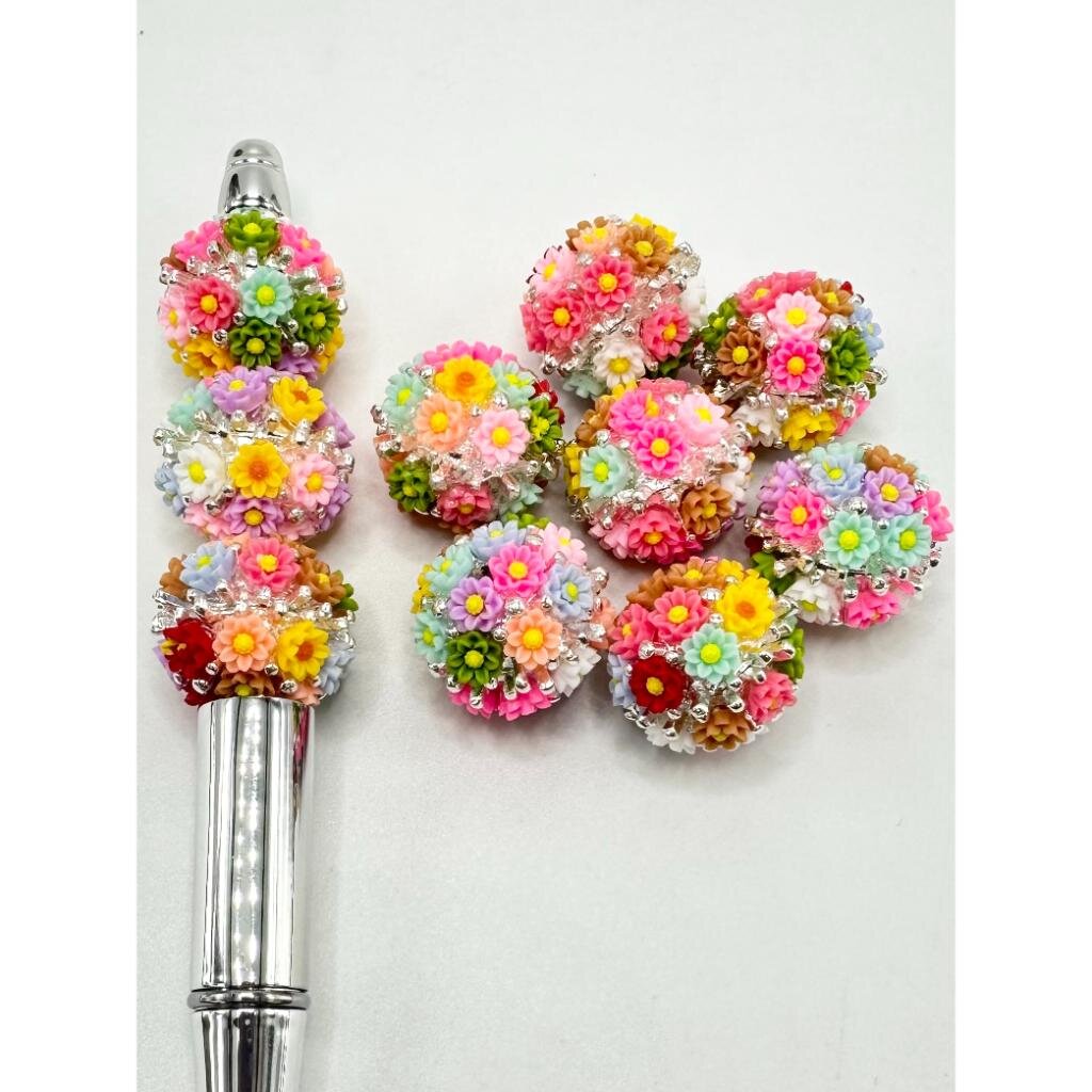 Metal Alloy Beads with Small Flowers, Silver Pins with Rhinestones, 20mm, ZY