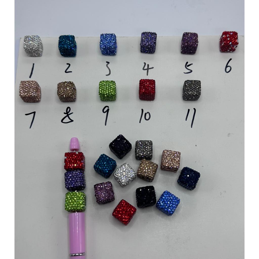 Cube Clay Beads with Rhinestones Square Fit On Pen Different Colors 14mm