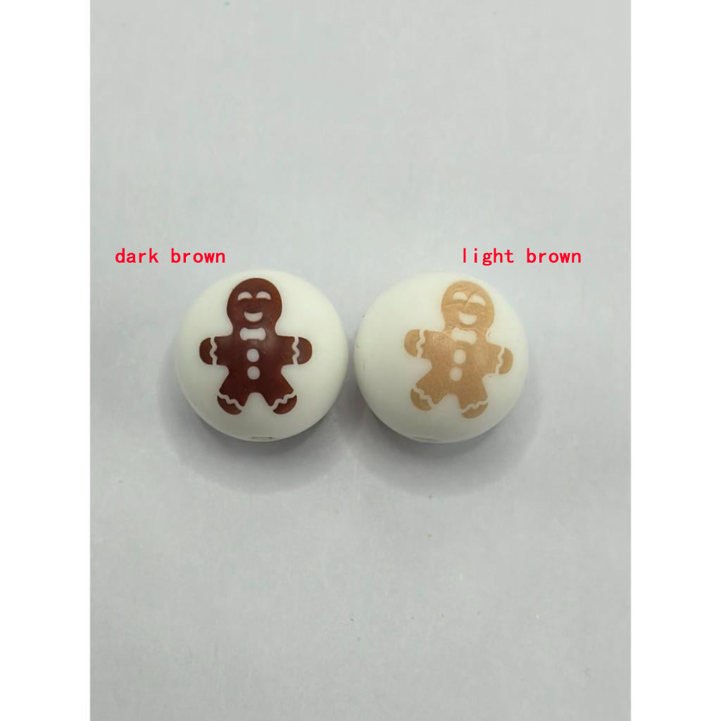 Light Brown Gingerbread Printed Silicone Beads Number 413，random mix