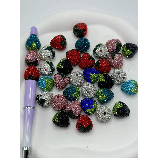 Strawberry Clay Beads with Rhinestones  18mm by 16.5mm, ZY, Can Fit Pen