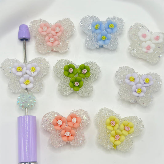 Butterfly Shape Sugar Beads with Luminous Small Flowers, Random Mix Color, 31mm by 23mm