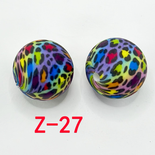 Multi-Color Patterns with Small Black Spots Round Printed Silicone Beads 15mm, Number Z-27