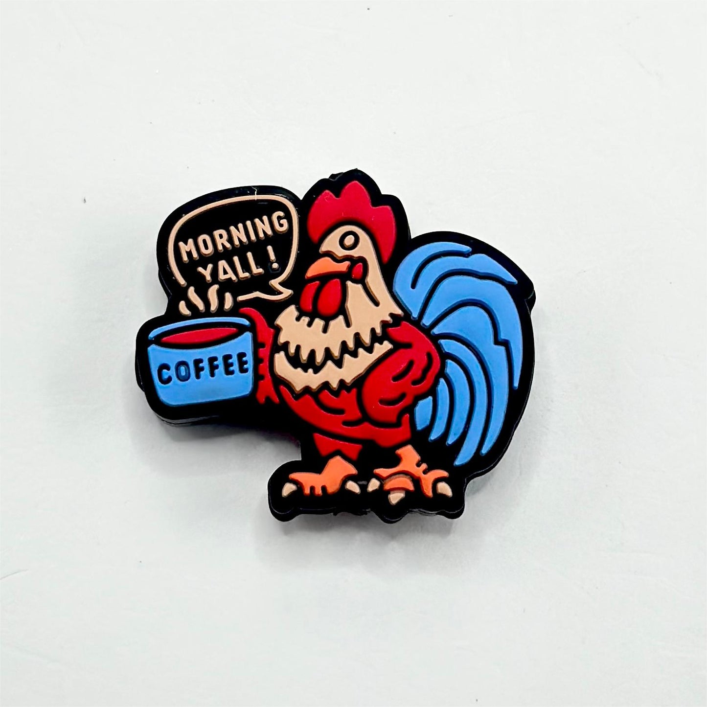 A Rooster with Blue Tail Drinks Coffee and Says Morning Yall Silicone Focal Beads