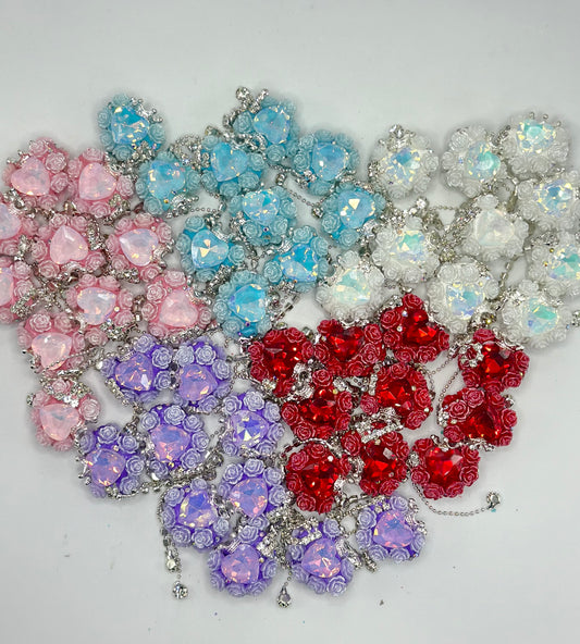 Heart Shape Clay Beads with Heart, Small Flower, Crown, Silver Color Chains with Clear  Rhinestones, Random Mix Color, 24MM by 26MM