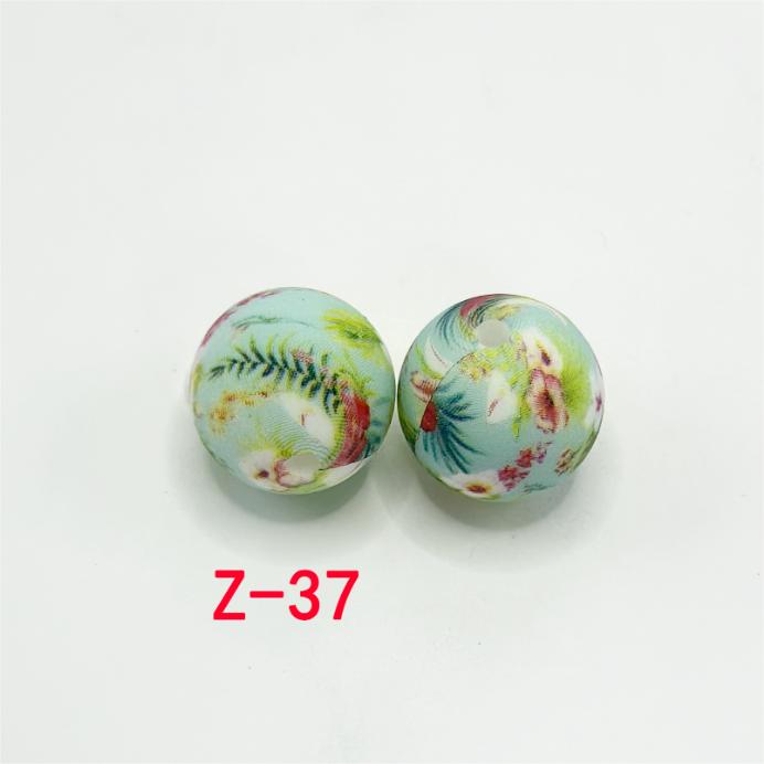 Multi-Color Flowers and Green Leaves Patterns Round Printed Silicone Beads 15mm, Number Z-37