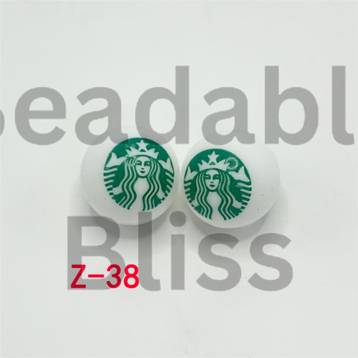 Starbacks Coffee Round Printed Silicone Beads 15mm, Number Z-38