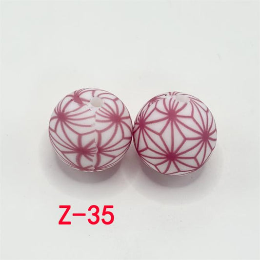 Red Line Flower with Six Diamond Petals Prints Round Printed Silicone Beads 15mm, Number Z-35