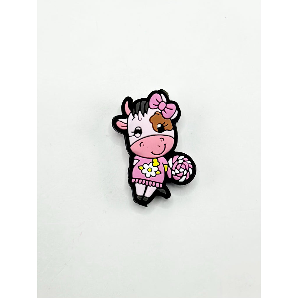 Little Cute Calf Cow with Pink Dress and Bowknot Silicone Focal Beads