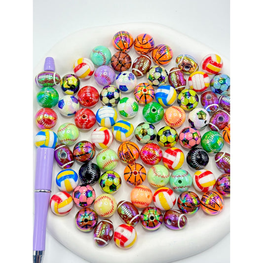 UV Coating Sports Soccer Football Basketball Volleyball Baseball Acrylic Beads, Random Mix, 16MM