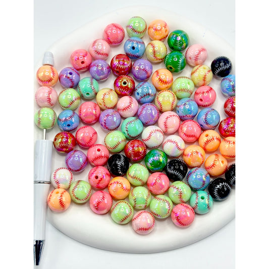 UV Coating Sports Baseball Acrylic Beads in Solid Colors, Random Mix, 16MM