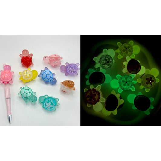 Luminous Turtle Tortoise Acrylic Beads with Clear Rhinestone Flower in Solid Colors, Glow in the Dark, Random Mix, 48MM*32MM*30MM (Without Hole)