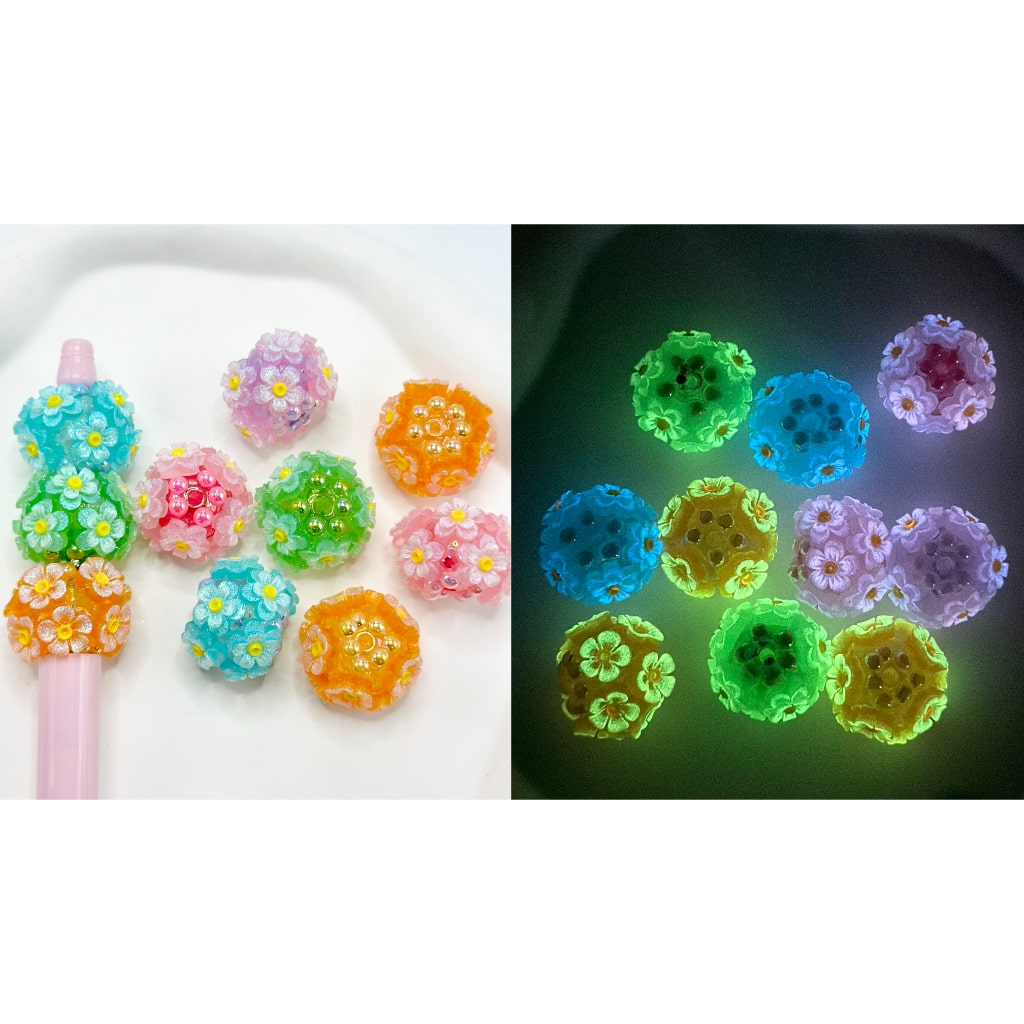 Luminous Solid Color Acrylic Beads with Pearls and Double Layer Glitter Flowers, Random Mix, 18MM by 24MM