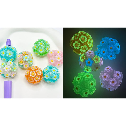 Luminous Pastel Color Acrylic Beads with Double Layer Glitter Flowers, Random Mix, 38MM