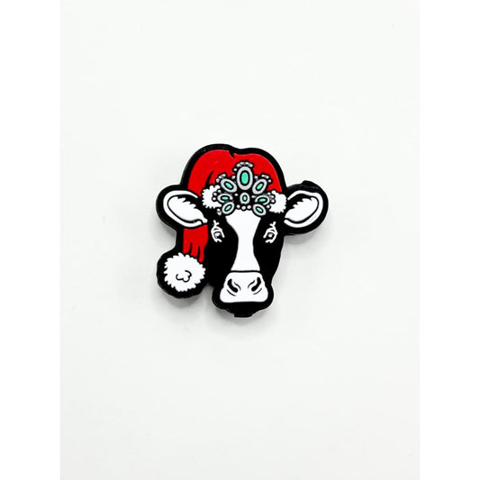 Cow Cattle Bull with Red Christmas Hat Silicone Focal Beads