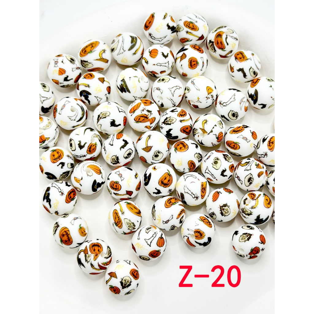 Halloween Pumpkin Ghost Face Pattern Round Printed Silicone Beads 15mm, Number Z-20