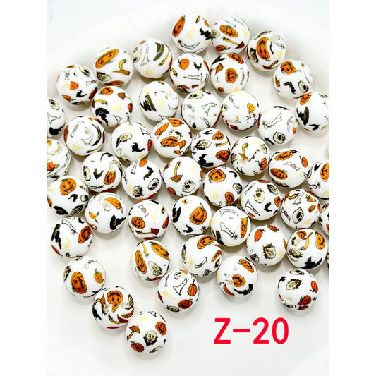 Halloween Pumpkin Ghost Face Pattern Round Printed Silicone Beads 15mm, Number Z-20