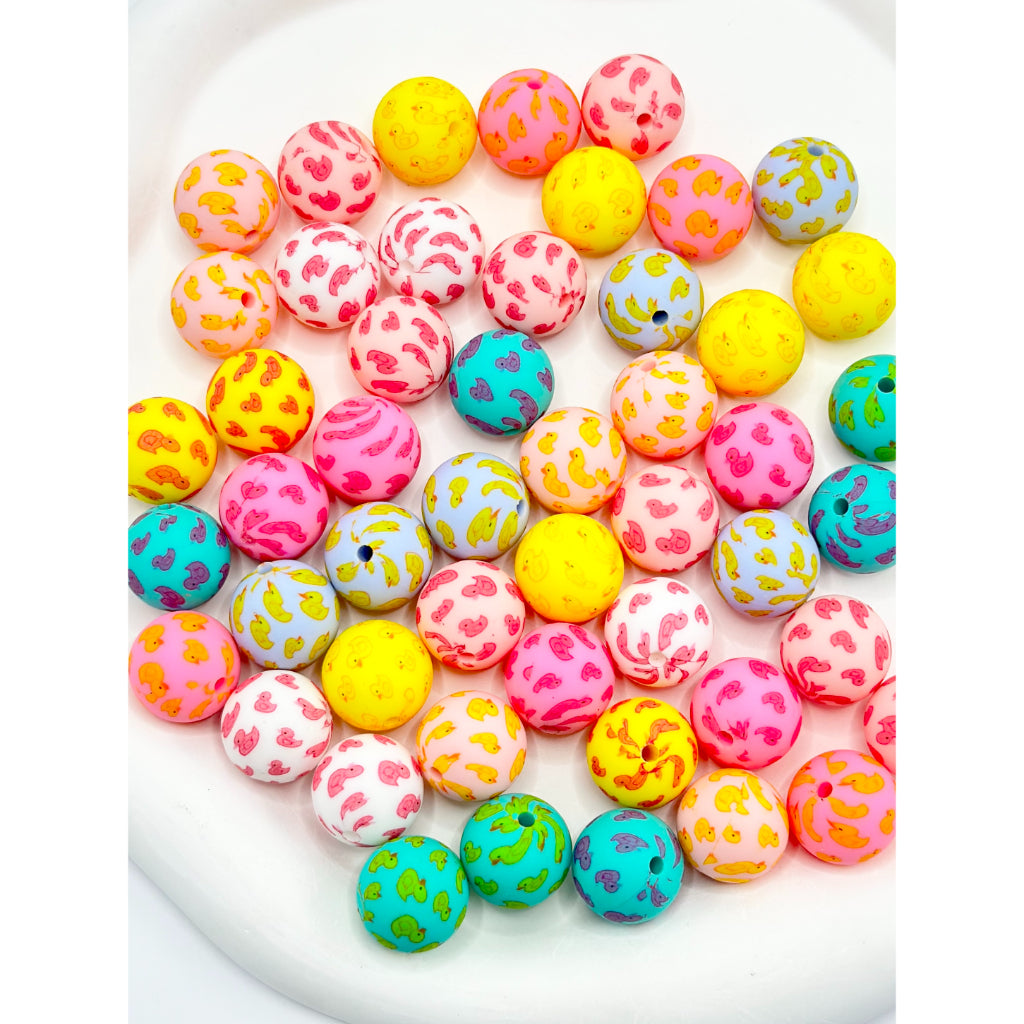 Little Cute Duckling Pattern Mixed Round Printed Silicone Beads 15mm