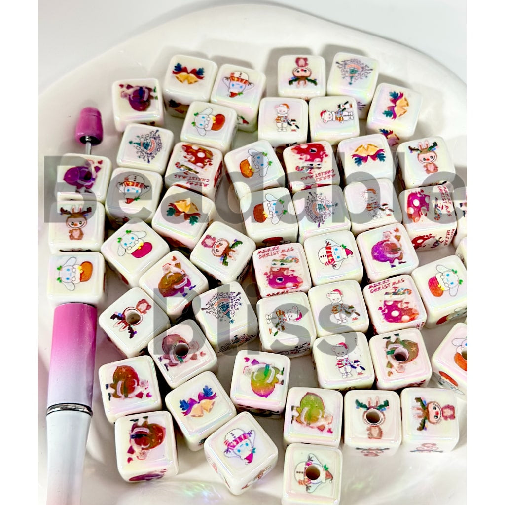 White UV Coating Square Cube Acrylic Beads with Cartoon Prints, Random Mix, 15MM