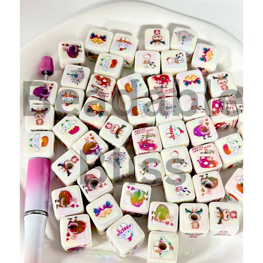 White UV Coating Square Cube Acrylic Beads with Cartoon Prints, Random Mix, 15MM