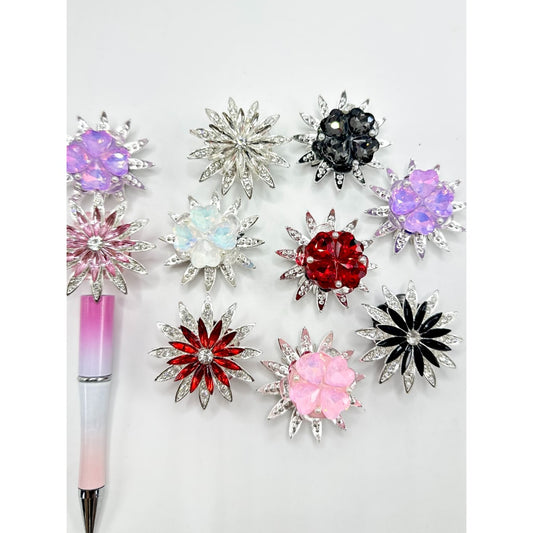 Silver Flower Alloy Acrylic Beads with Heart Rhinestone Rotatable Flower Pearl, Random Mix, 40MM