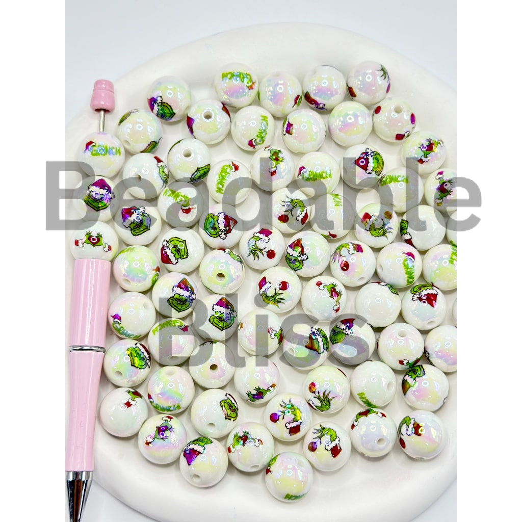 White UV Coating Acrylic Beads with Christmas Green Monster Print, Random Mix, 16MM