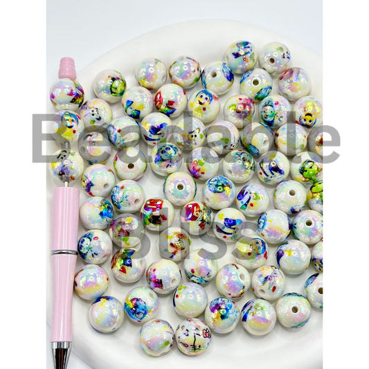 White UV Coating Acrylic Beads with Insid Out Cartoon Prints, Random Mix, 16MM