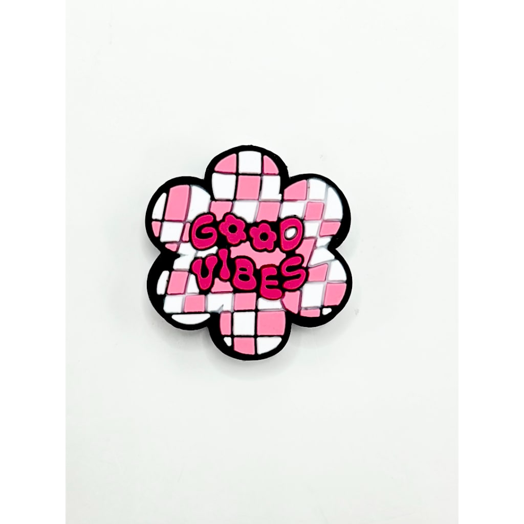 Pink and White Checkered Flower Good Vibes Silicone Focal Beads