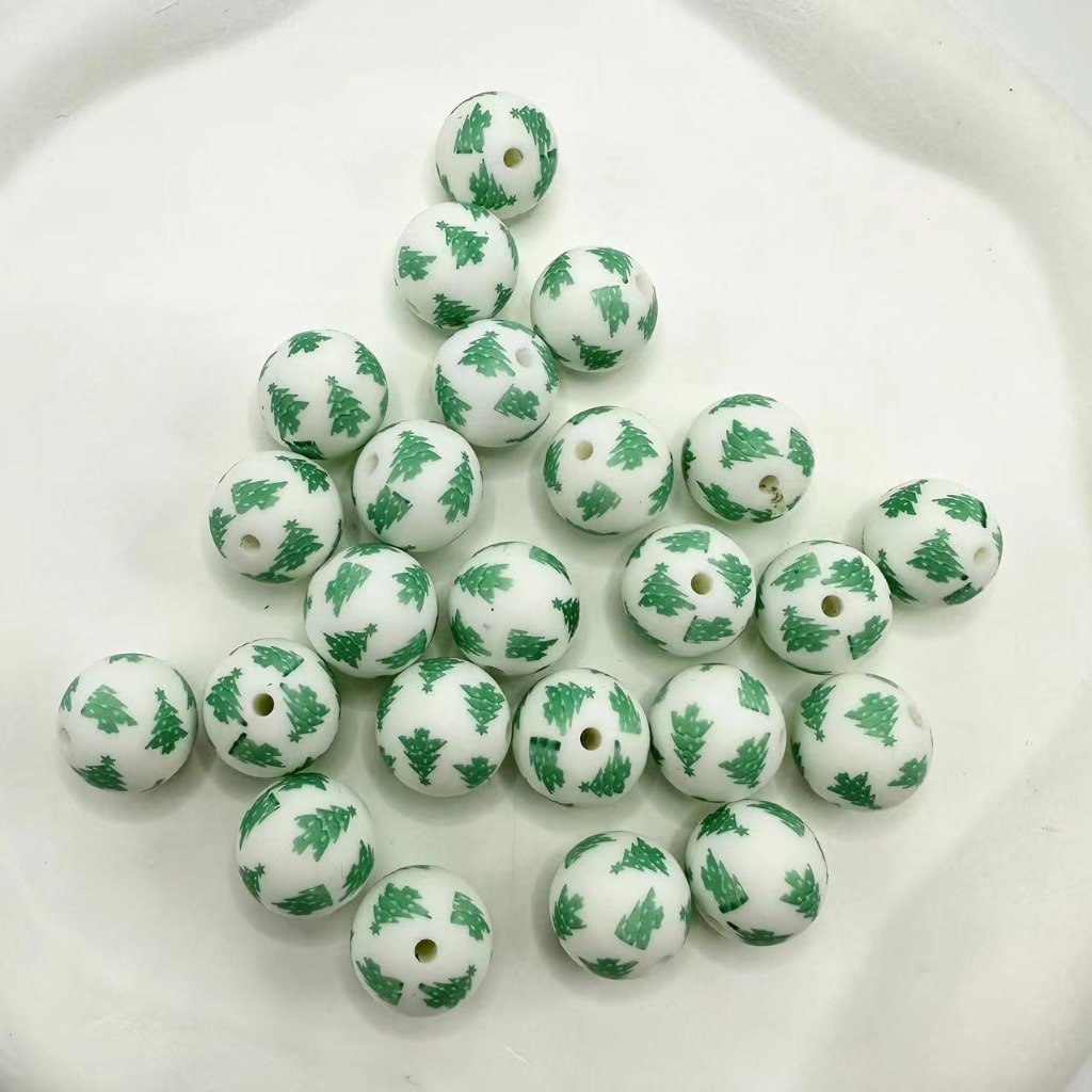 Christmas Pine Tree Pattern Round Printed Silicone Beads 15mm, Number Z-51