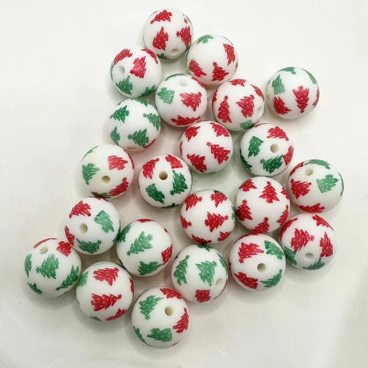 Green Red Christmas Pine Tree Pattern Round Printed Silicone Beads 15mm, Number Z-50