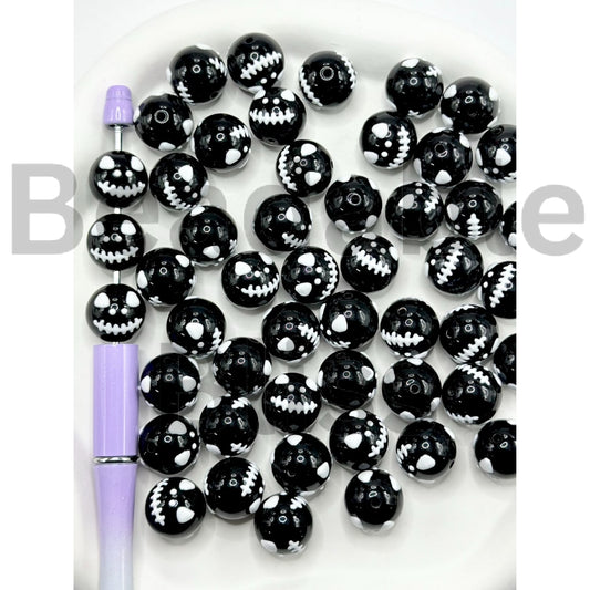 Hand Print Jac Face Black Round Acrylic Beads, 16MM